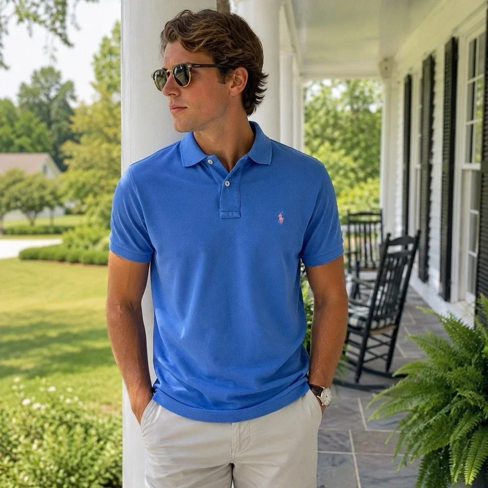 Polo Ralph Lauren Vintage Polo Shirt Men M Blue Pink Pony Cotton USA Classic 90s
